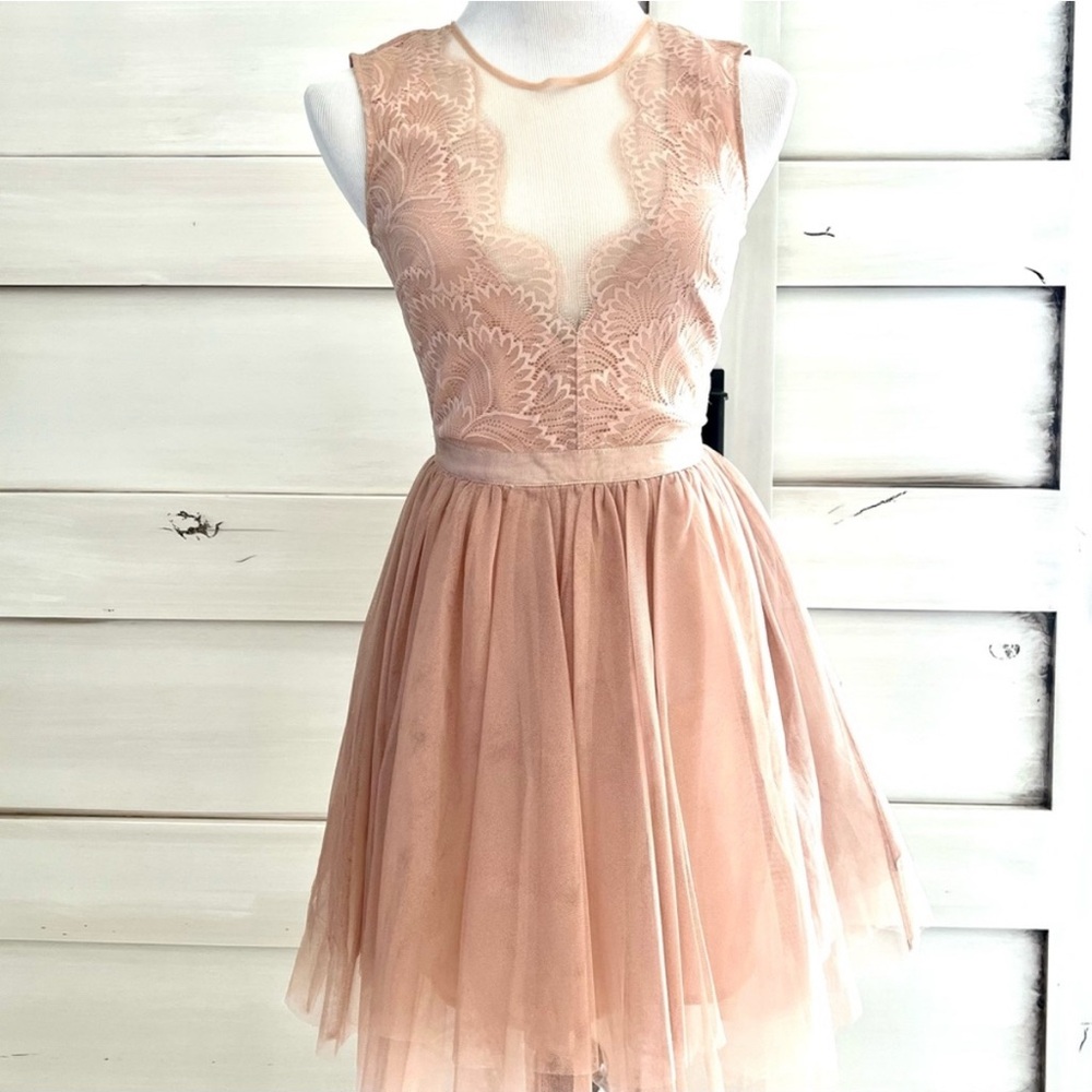 Bebe Lace Sleeveless Dress in Nude